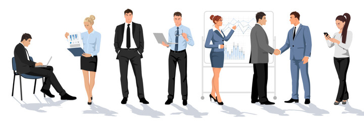 Office people panoramic set. Collection of employees isolated on white background. Business manager, man, woman staff characters design. Humans in black suit, formal wear clothes. Vector illustration