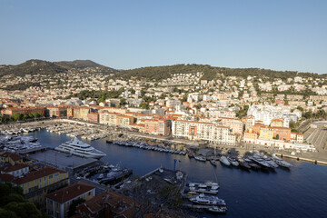 Overview of the sea town of Nice on the French riviera during a sunny spring day.