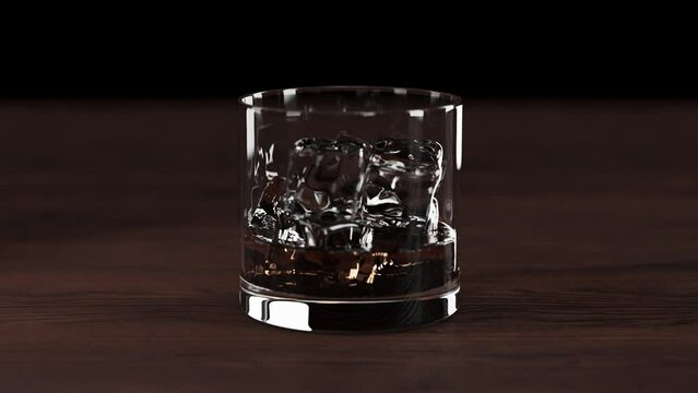 Whiskey is pouring in glass with ice. Liquid flow with shallow depth of field. 3d render