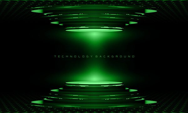 Abstract 3D Green Cyber Geometric Cyber Futuristic Technology Stage On Black Design Modern Background Vector