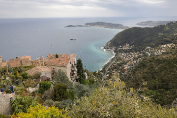 Overview from the coastal town of Eze on the French riviera during a cloudy spring day.