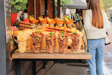 Street market, takeaway. Fast or street food concept.