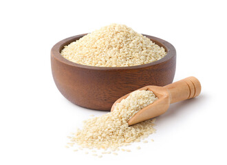 White sesame seeds with wooden bowl and scoop isolated on white background.
