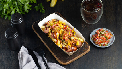 Original Canadian Poutine, Skin On Fries Topped With Gravy And Cheese Curds In Cardboard Box