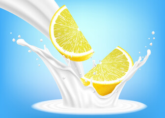 Lemon fruit in milk or yoghurt splash. Fresh lemon slices falls into the milk. An element for your packaging design. Realistic 3d vector