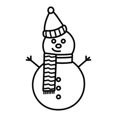 Snowman with a scarf isolated. Flat design. Vector doodle illustration.