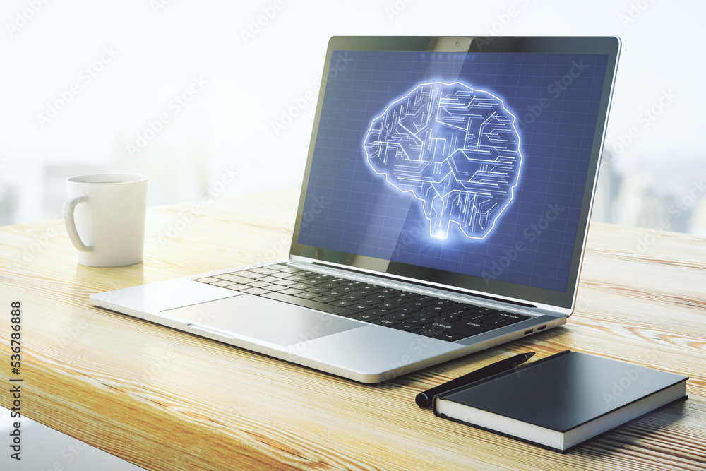 Poster modern computer display with creative human brain microcircuit. future technology and ai concept. 3d