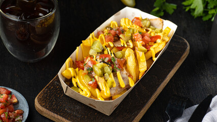 A view of a plate of carne asada french fries.