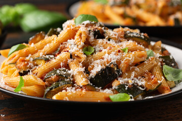 Zucchini penne pasta with parmesan cheese, basil and tomato. Healthy food