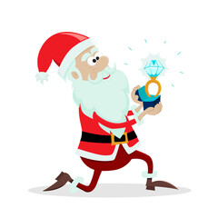 Santa Claus gives a diamond ring while standing on one knee. A concept for a romantic New Year's Eve proposal.