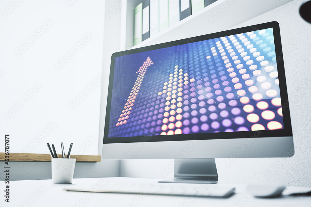Poster creative abstract upward arrows sketch on modern laptop monitor, target and goal concept. 3d renderi
