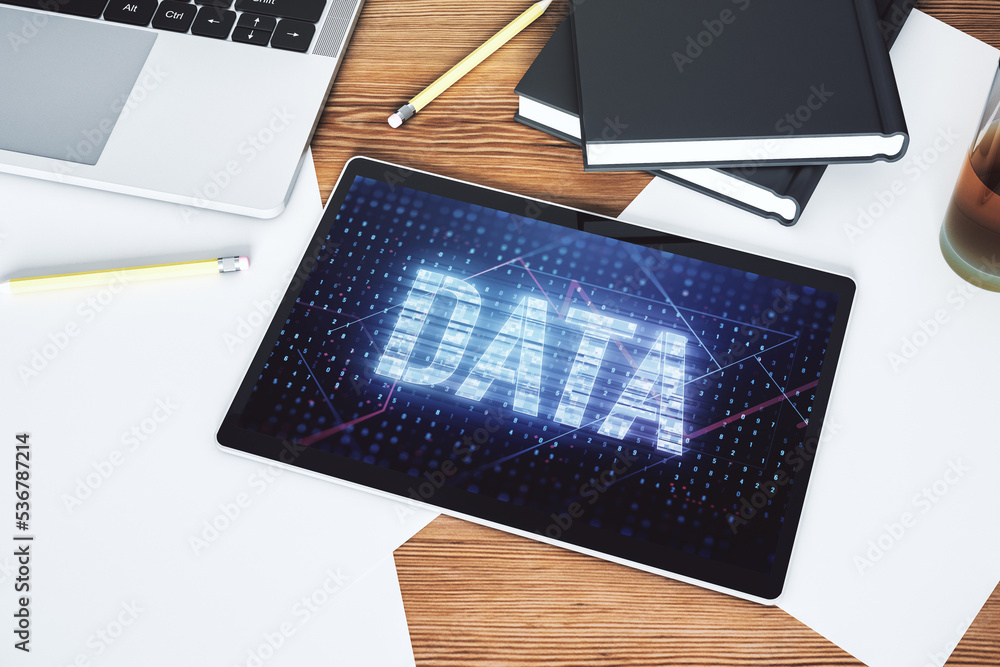 Aufkleber creative data word sign on modern digital tablet screen. top view. 3d rendering