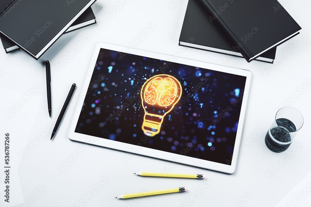 Poster creative light bulb illustration with human brain on modern digital tablet screen, future technology