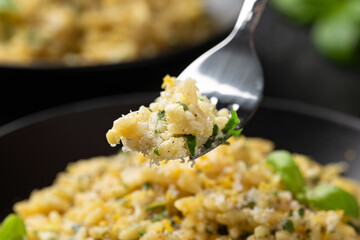 Creamy Garlic and parmesan orzo pasta with lemon zest and parsley