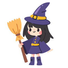 Halloween cute witch with broom vector illustration