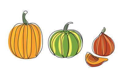 Continuous line drawing pumpkins. Striped pumpkins set. Autumn pumpkin line art set. Minimalist art.