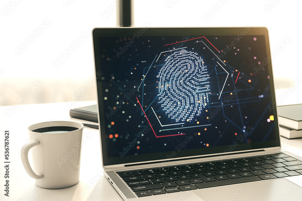 Aufkleber Modern computer display with abstract graphic fingerprint sketch, fingerprint scan data concept. 3D Rendering