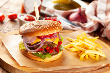 Excellent burger with onions and cheese.