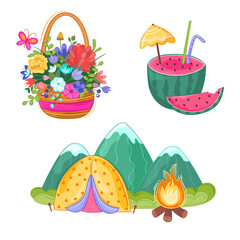Vector illustration summer set with basket with flowers, watermelon, mountains, tent, campfire