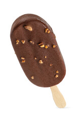 Popsicle ice cream bar with chocolate coating and peanuts isolated on white.
