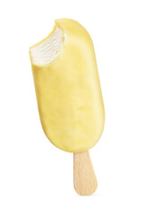 Bitten popsicle ice cream bar with white chocolate coating isolated on white.