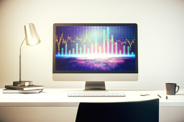 Modern computer monitor with abstract creative financial chart, research and strategy concept. 3D Rendering