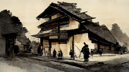 Illustration of feudal japan village