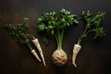 Parsley and selera roots with leafy leaves close-up on a brown background, top view, useful autumn seasonal root crops