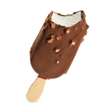 Bitten popsicle ice cream bar with chocolate coating and nuts isolated on white.