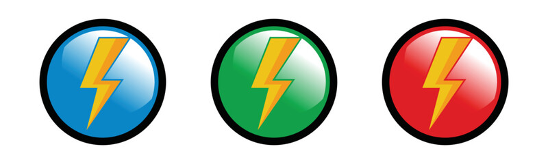 Lightning bolt or thunderbolt for electric current button icon vector set. Silhouette flash symbol in the circle flat	