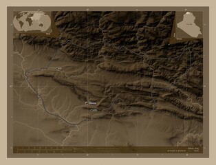 Dihok, Iraq. Sepia. Labelled points of cities