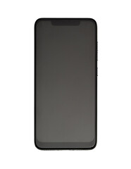 Modern new smartphone close-up in black isolated on a white transparent background with a copy space as a mock-up for placing any image on the screen.