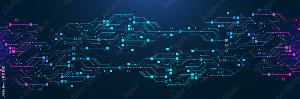 Poster Quantum computer technologies concept. Futuristic blue circuit board background vector. Modern technology circuit board texture background design. Waves flow. Quantum explosion technology.
