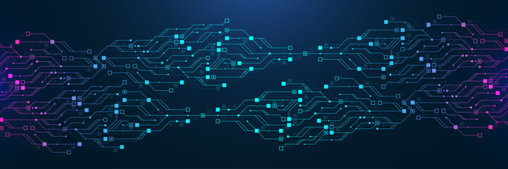 Quantum computer technologies concept. Futuristic blue circuit board background vector. Modern technology circuit board texture background design. Waves flow. Quantum explosion technology.