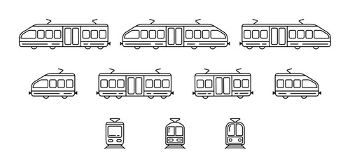 Set of modern passenger wagon train / locomotive line icons vector illustration