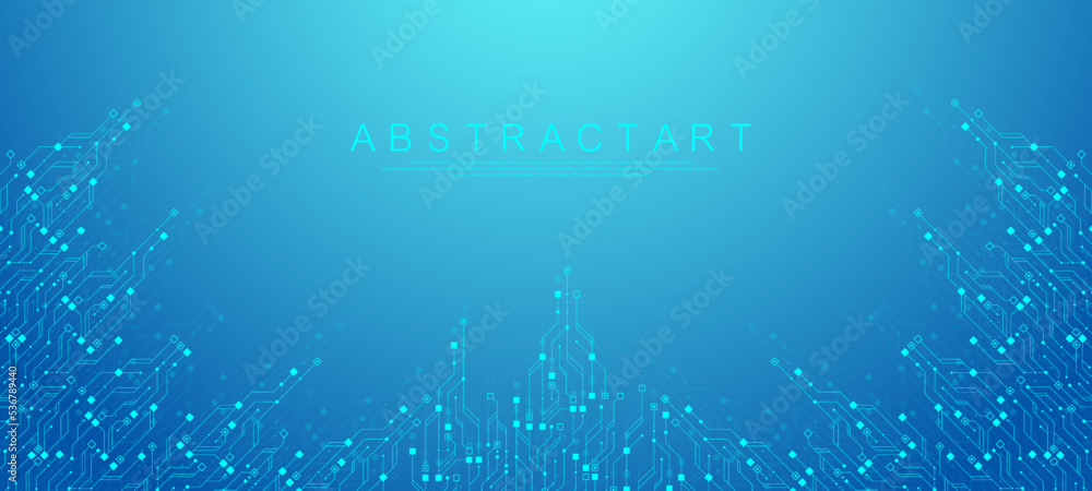 Fototapete Modern technology circuit board texture background design. Waves flow. Quantum explosion technology. Quantum computer technologies concept. Futuristic blue circuit board background vector motherboard.