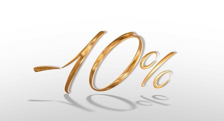 3d illustration Realistic golden text 10 percent discount number.