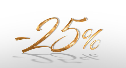 3d illustration Realistic golden text 25 percent discount number.