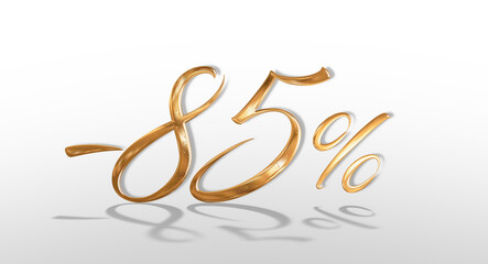 3d illustration Realistic golden text 85 percent discount number.