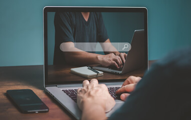 Job search concept, man using laptop computer, browsing and searching job openings, work opportunities on online, using job search bar computer, find your career.