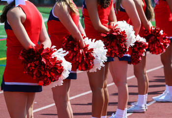 Cheerleaders standing on the sideline holding pom poms behind them