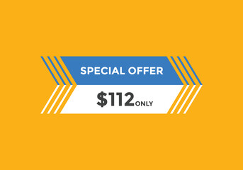 $112 USD Dollar Month sale promotion Banner. Special offer, 112 dollar month price tag, shop now button. Business or shopping promotion marketing concept
