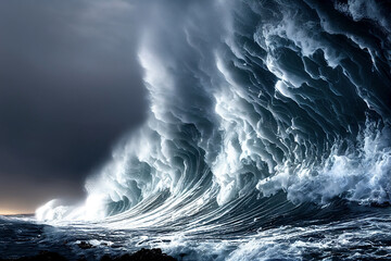 Riesige Tsunamiwellen, dunkler stürmischer Himmel. Perfekter Sturm. Riesige Wellen Tsunami Große Wellen.