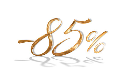 3d illustration Realistic golden text 85 percent discount number png