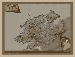 Donegal, Ireland. Sepia. Labelled points of cities