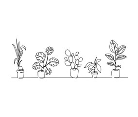 Continuous line art drawing of beautiful flowers in a pots. Tropical flower set single line art drawing vector illustration.