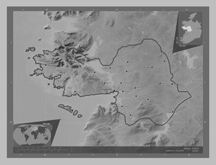 Galway, Ireland. Grayscale. Labelled points of cities