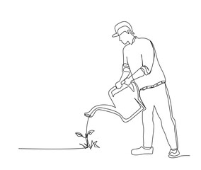 Continuous line art drawing of farmer watering the plants using watering can. Farming single line art drawing vector illustration.