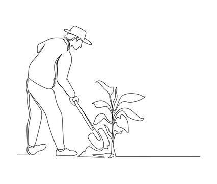 Continuous line art drawing of farmer shoveled the soil with the plants using a shovel. Farming single line art drawing vector illustration.
