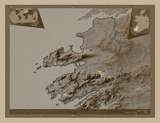 Kerry, Ireland. Sepia. Labelled points of cities